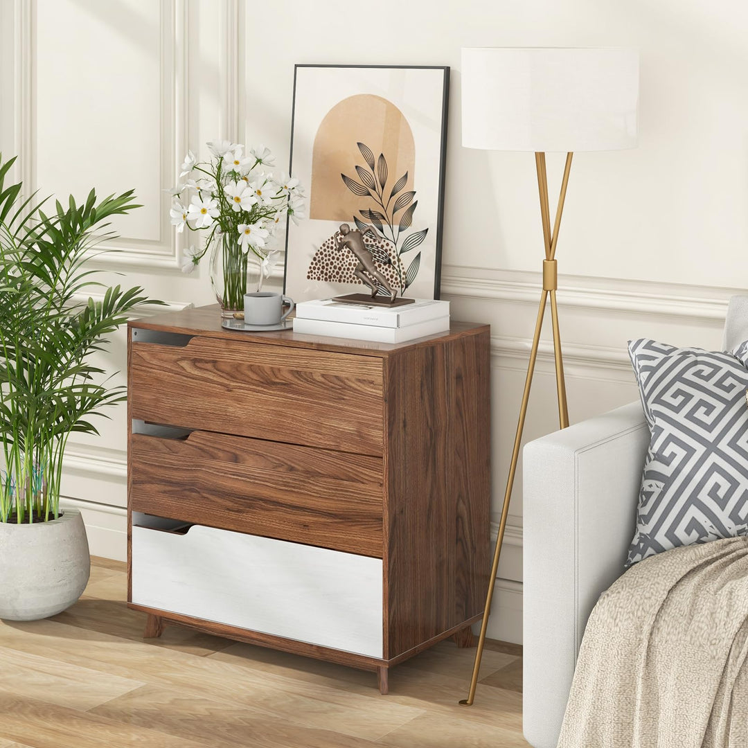 Giantex 3-Drawer Dresser for Bedroom - Small Chest of Drawers, Rustic Farmhouse Storage Cabinet, Walnut & White