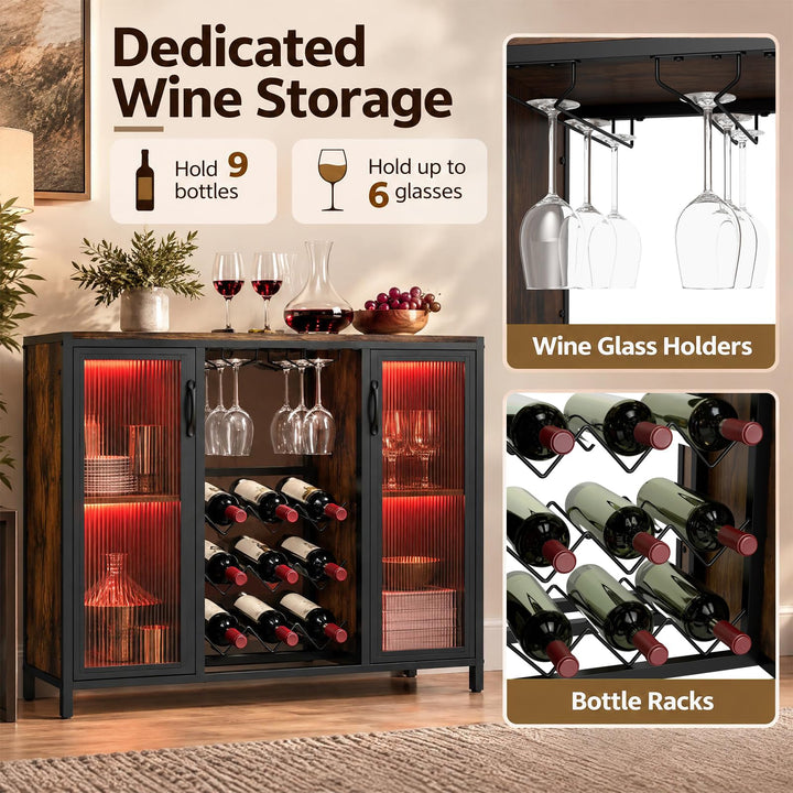 GIANTEX Modern Coffee Bar Cabinet with Wine Racks &amp; LED Lights
