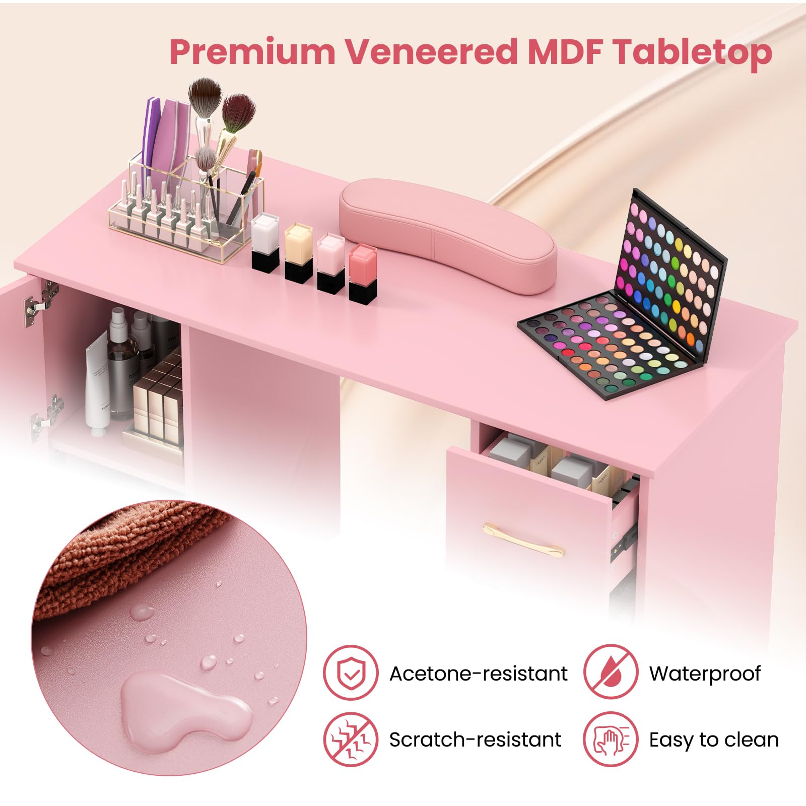 Giantex Manicure Table Nail Desk - Nail Table Station with 3 Drawers, 2 Storage Cabinet, Wrist Rest
