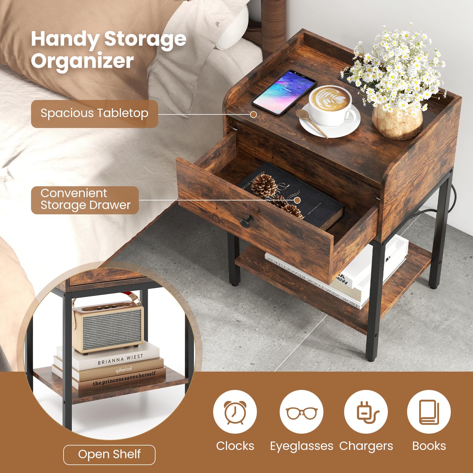 Giantex Nightstand with Charging Station, Industrial Bedside Table with Storage Drawer & Open Shelf