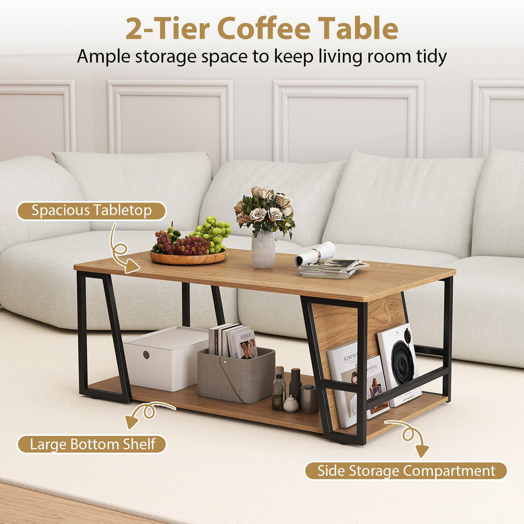 Giantex Rectangle Coffee Table 2-tier Industrial Accent Table with Storage Shelf and Compartment