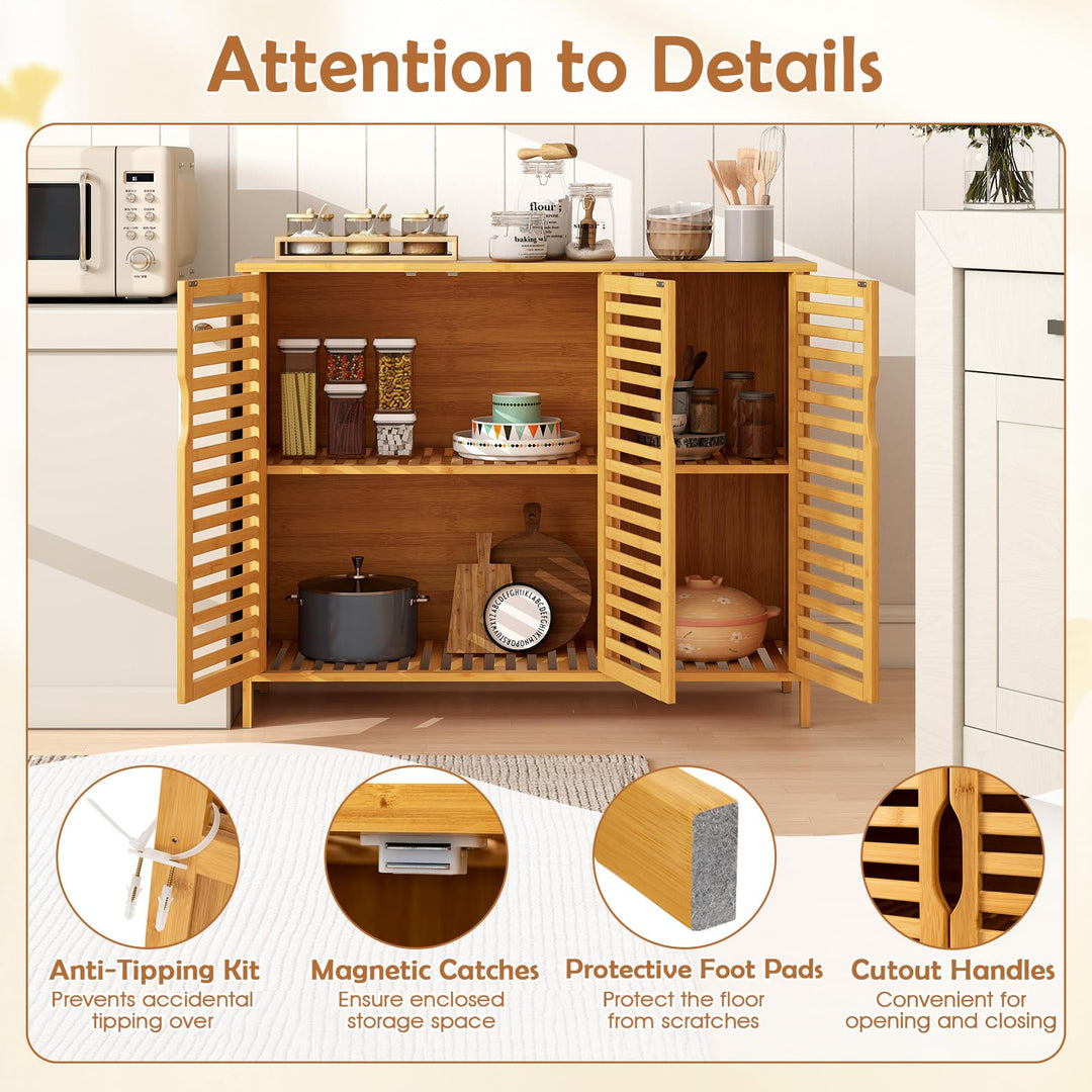 Giantex Bamboo Bathroom Storage Cabinet 3-Door Storage Organizer with Shelves