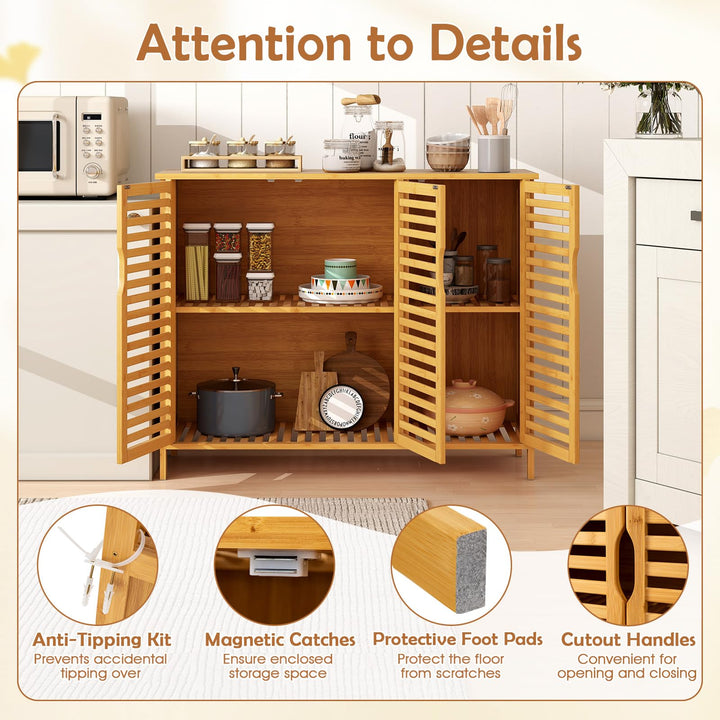 Giantex Bamboo Bathroom Storage Cabinet 3-Door Storage Organizer with Shelves