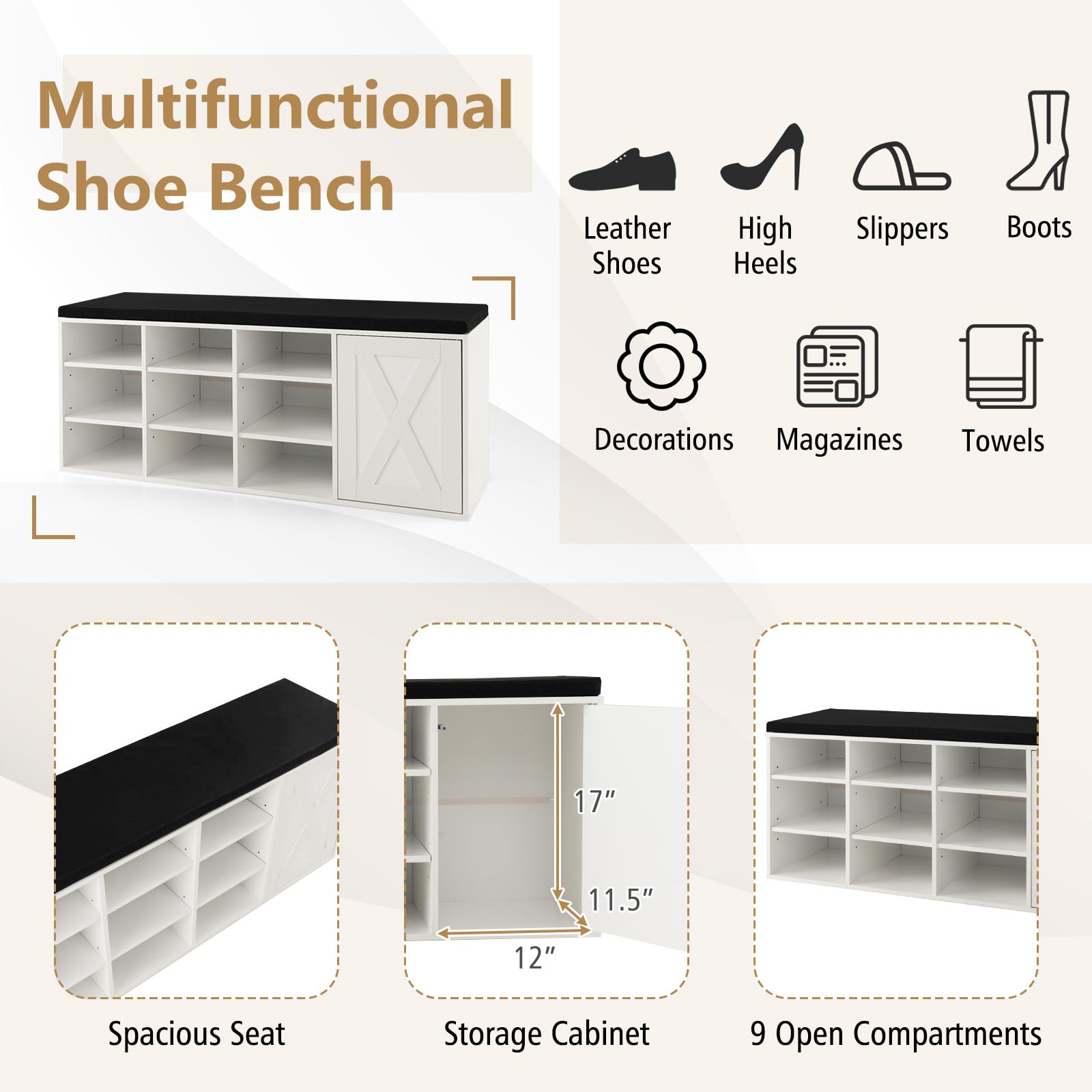 Giantex Shoe Bench, 3 Tier 9 Cubes Storage Bench with Adjustable Shelves (Rustic Brown)