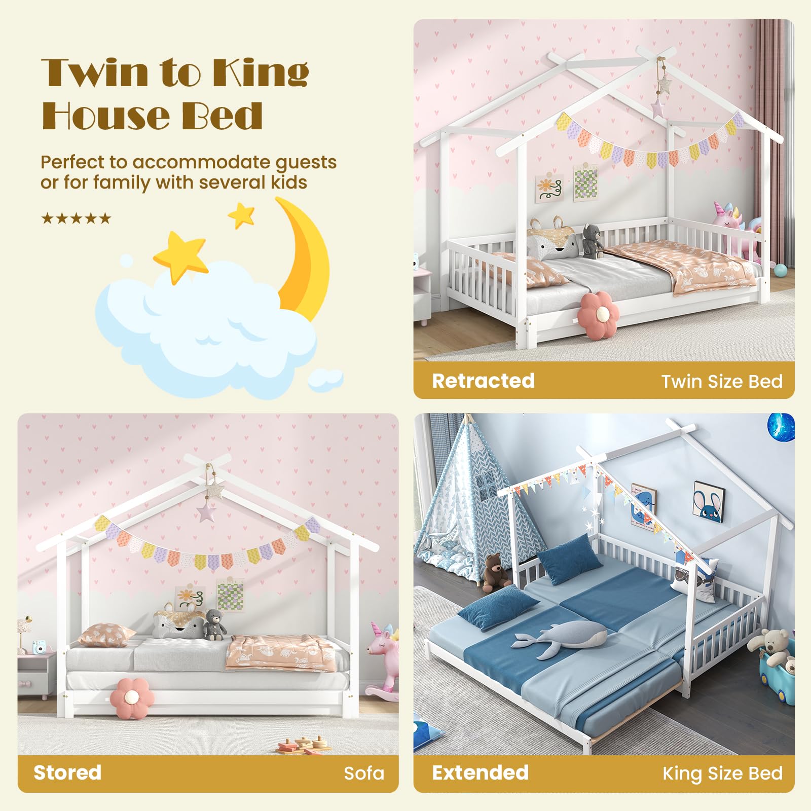 Giantex Extendable House Bed for Kids, Twin to King Daybed with Roof & Fence Rails, Wood Kids Bed Frame for Teens