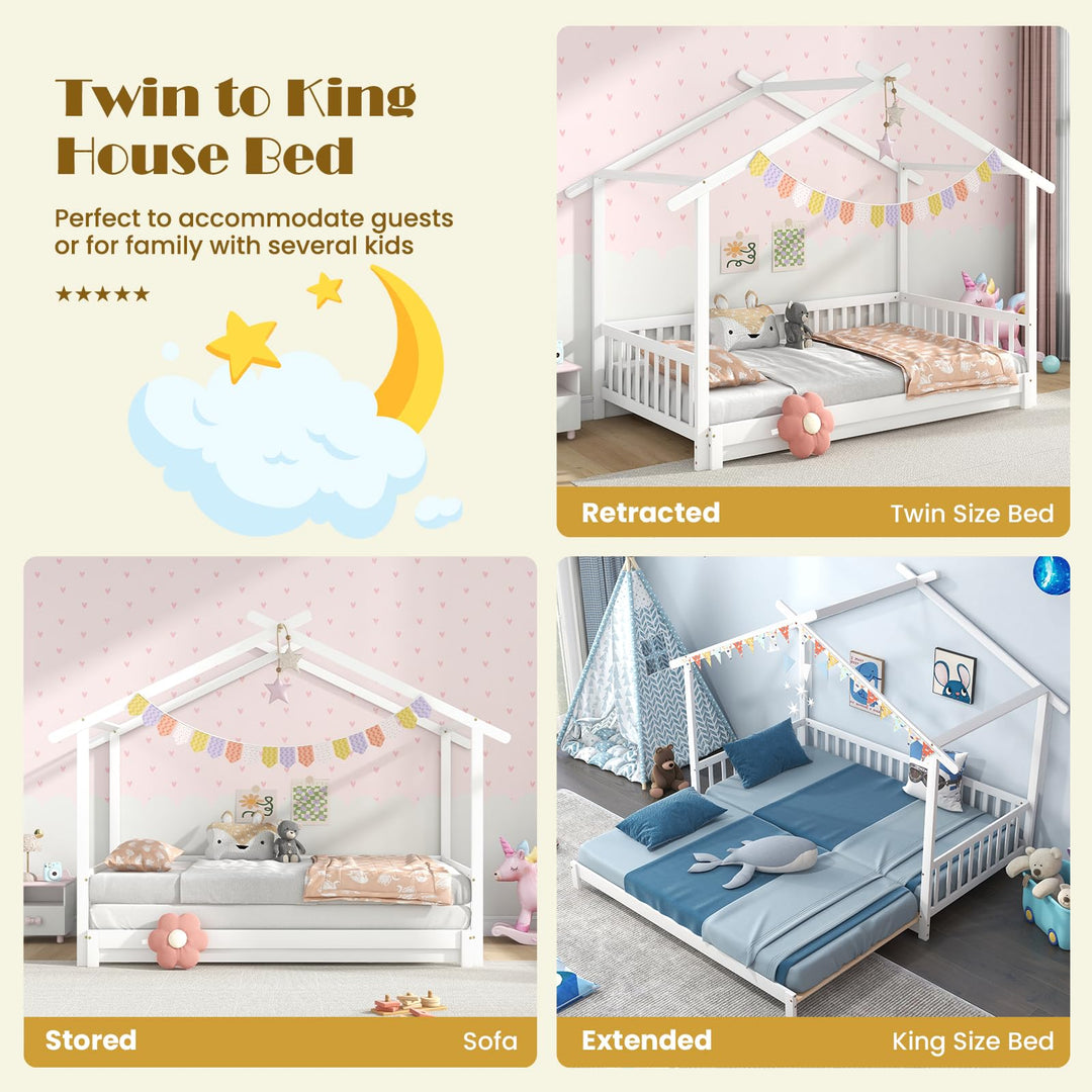 Giantex Extendable House Bed for Kids, Twin to King Daybed with Roof & Fence Rails, Wood Kids Bed Frame for Teens