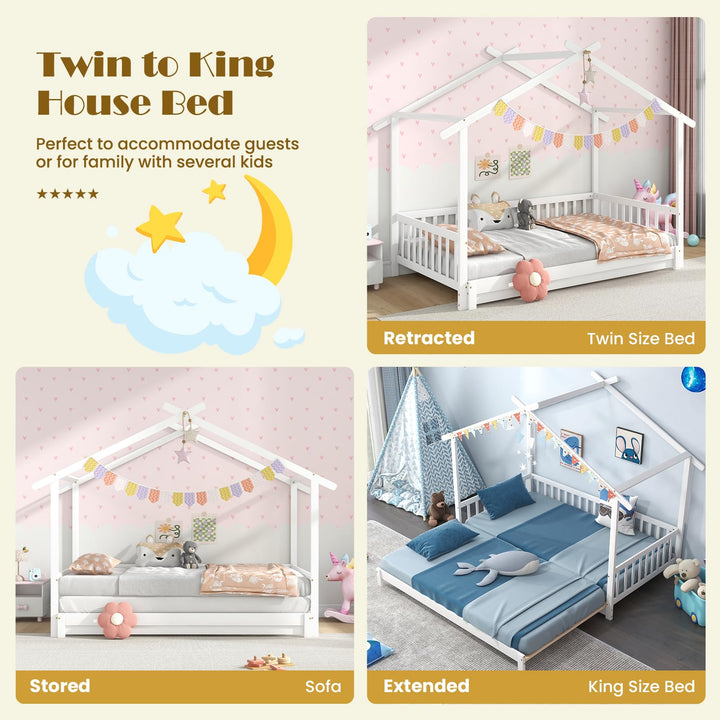 Giantex Extendable House Bed for Kids, Twin to King Daybed with Roof & Fence Rails, Wood Kids Bed Frame for Teens