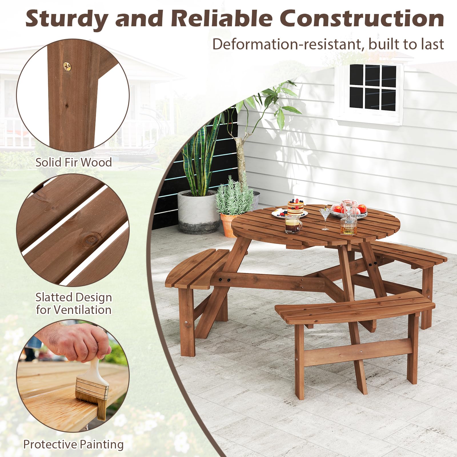 Giantex 6 Person Round Picnic Table Set with 3 Benches