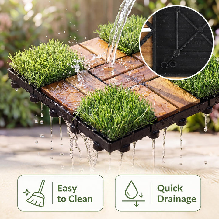 GIANTEX 30 PCS Interlocking Acacia Wood &amp; Artificial Grass Deck Tiles with Drainage Base
