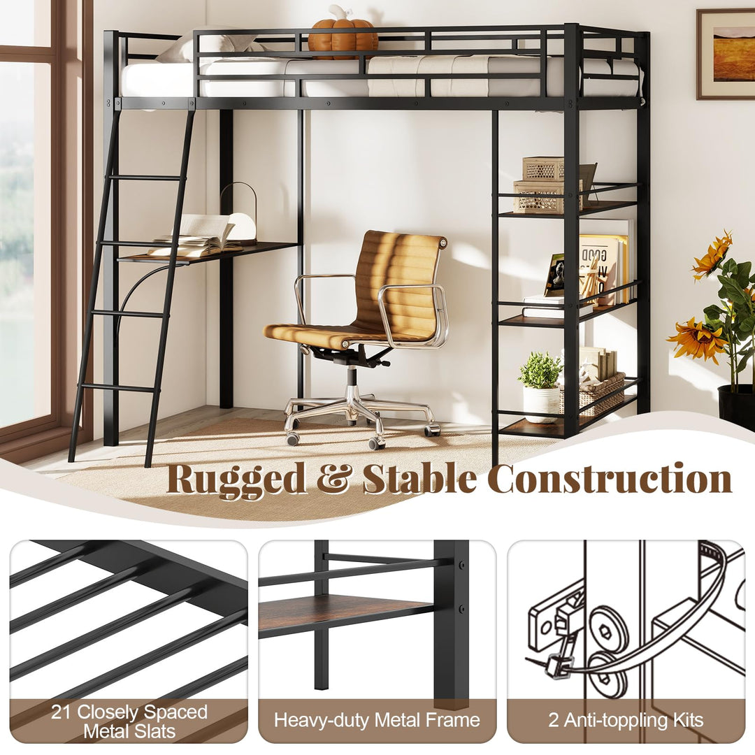 Giantex Twin Size Loft Bed with Desk & Shelves for Kids