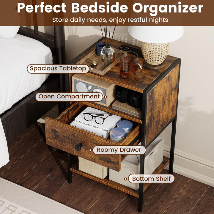 Giantex Night Stand with Charging Station for Bedroom Small Spaces