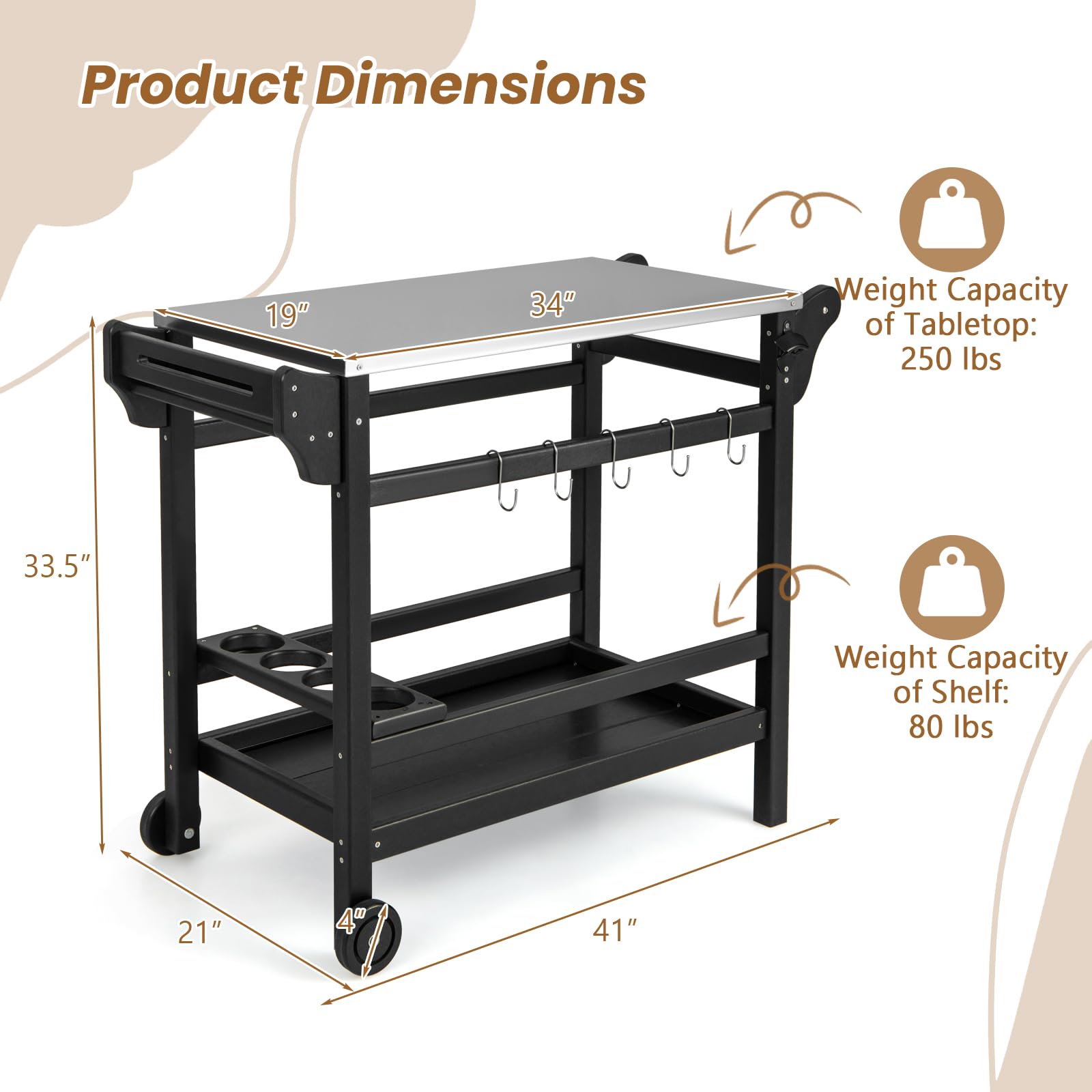 Giantex Grill Cart Pizza Oven Stand, HDPE Outdoor Prep Table, Stainless Steel Top, Storage Shelf
