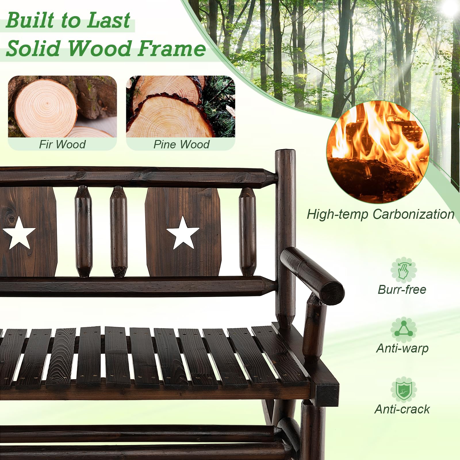 Giantex Outdoor Rocking Bench, Patio Loveseat Rocker for 2 w/Ergonomic Back & Log Arms, Carbonized Fir Wood Frame