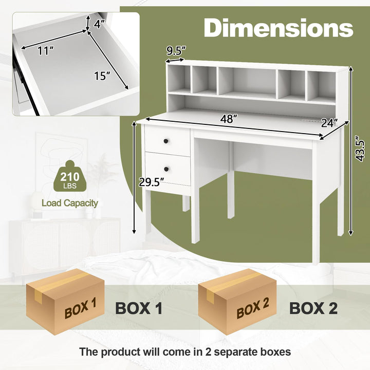 Giantex White Desk with Drawers and Power Outlet, 48" Home Office Computer Desk with 5-Cubby Hutch