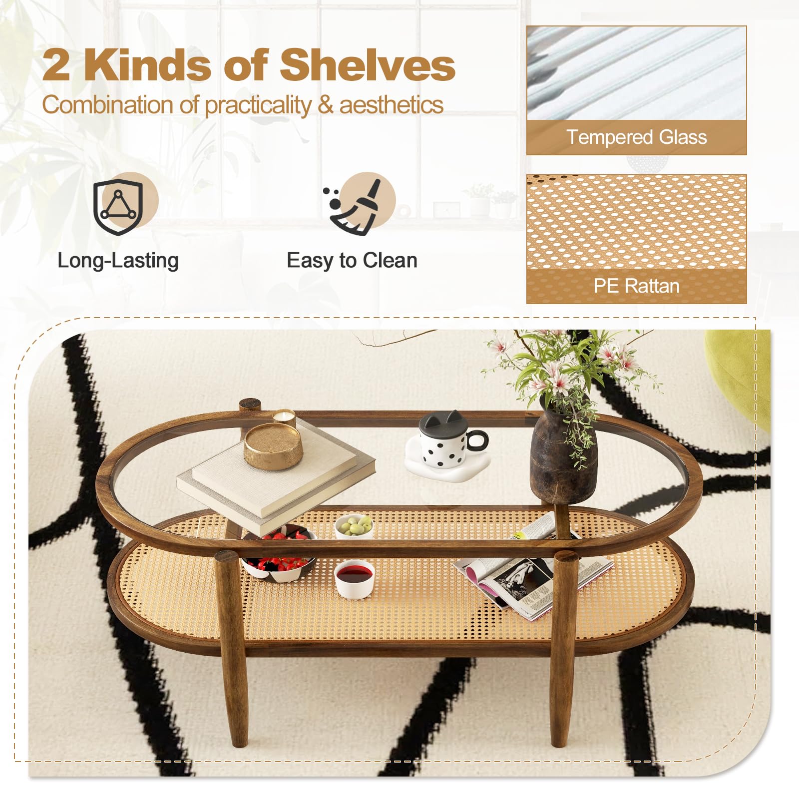 Boho Rattan Coffee Table - Giantex