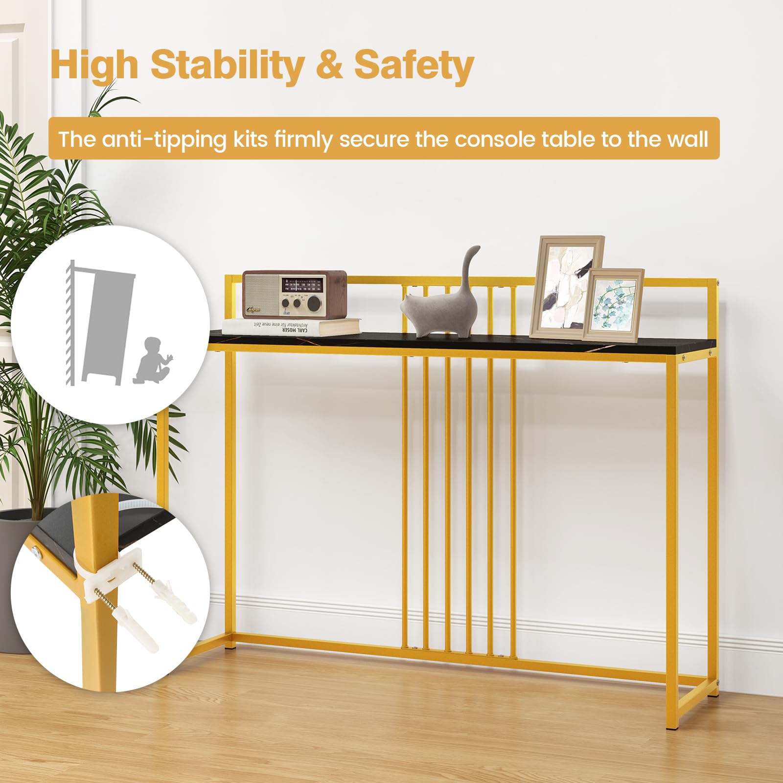 Giantex 47" Entryway Console Table - Narrow Hallway Table w/Sturdy Gold Metal Frame, Anti-Tipping Kits
