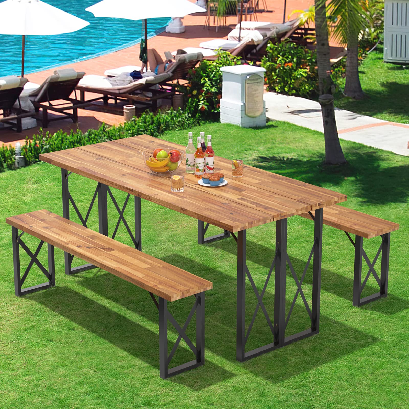 Giantex Outdoor Picnic Table Set with 2 Benches, Acacia Wood Patio Dining Table Set for 6 or 4 Persons, with 2” Umbrella Hole