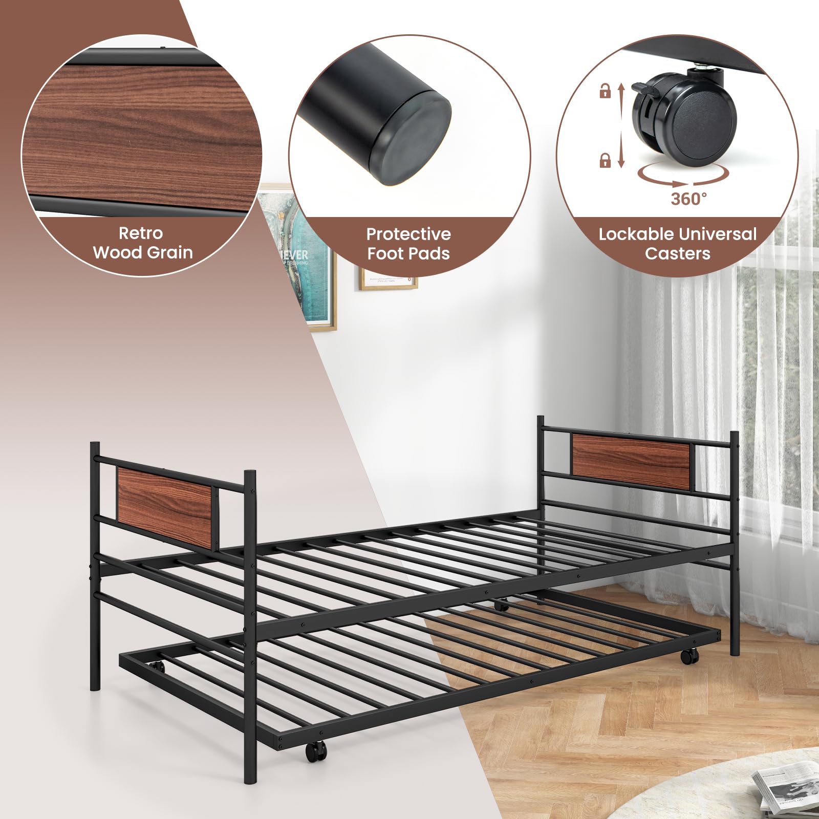 Giantex Metal Daybed with Trundle, Twin Size Day Bed with Wood Grain Headboard & Metal Slat Support