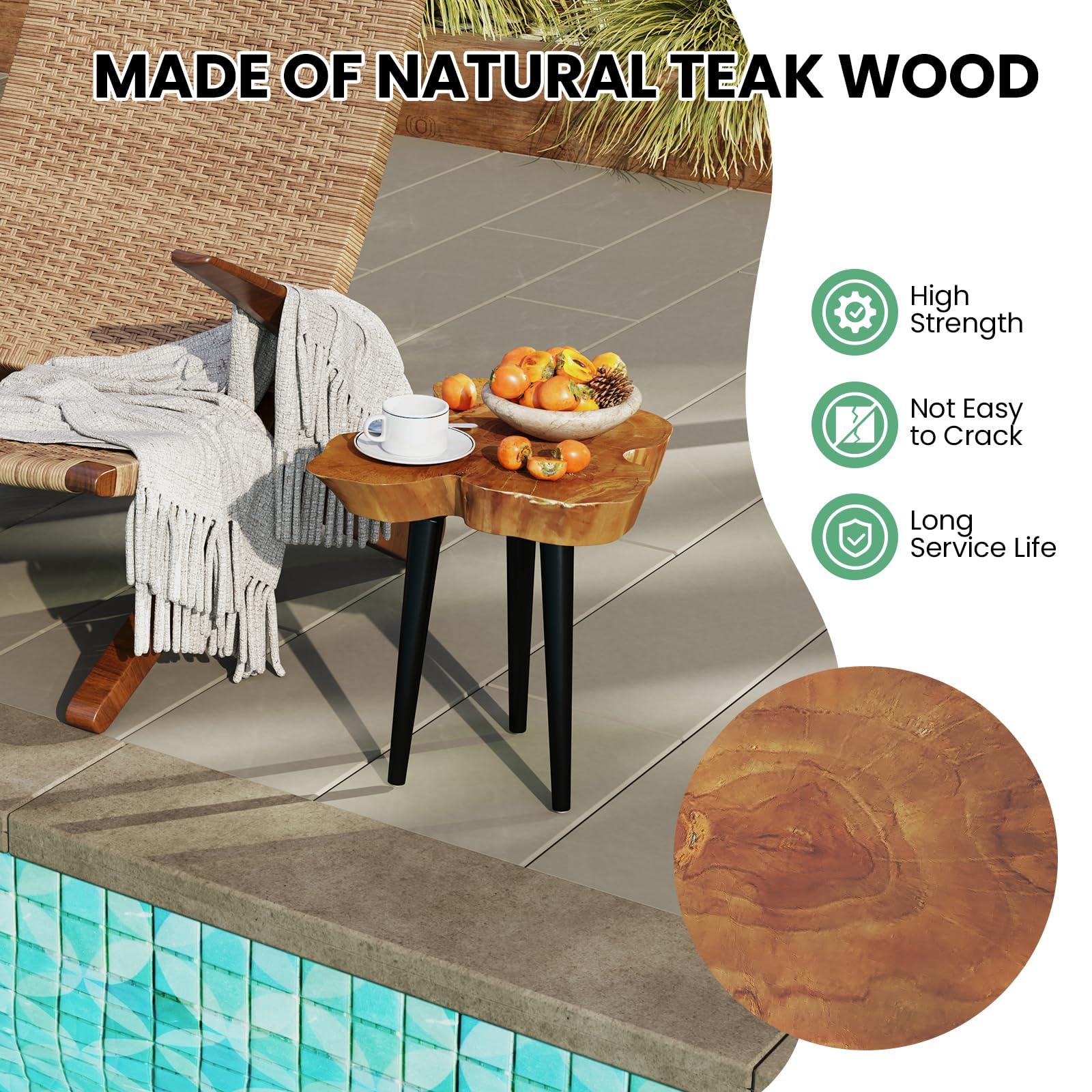 Giantex Teak Wood Outdoor Side Table - 18” End Table with Solid Live Edge, Irregular Tabletop, Mahogany Tapered Legs
