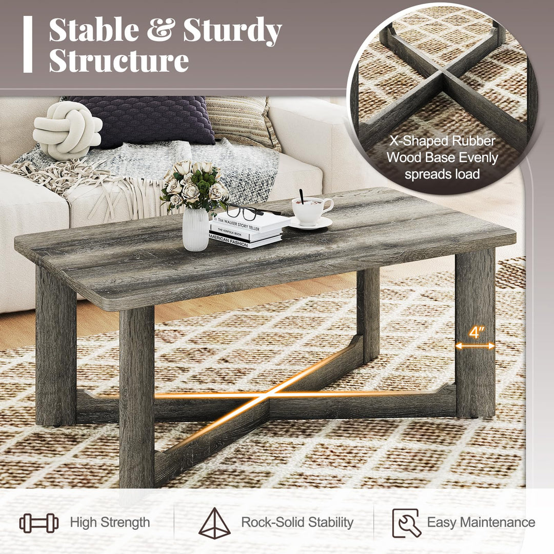 Giantex Farmhouse Wood Coffee Table Rectangle Center Table with X-Shaped Base & Rubber Wood Frame