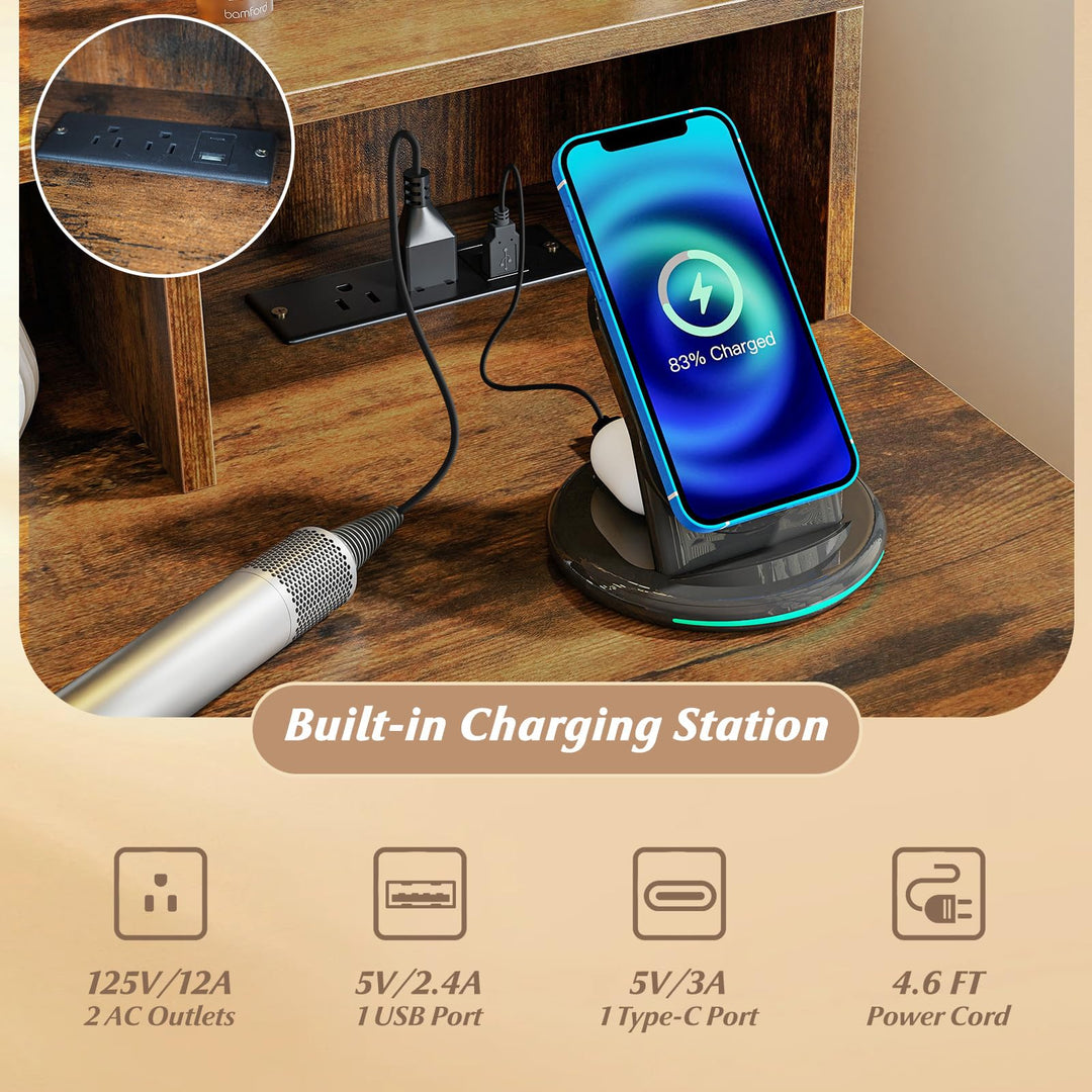 Giantex Vanity Desk Makeup Table with Stool 3-Color Lights and Charging Station