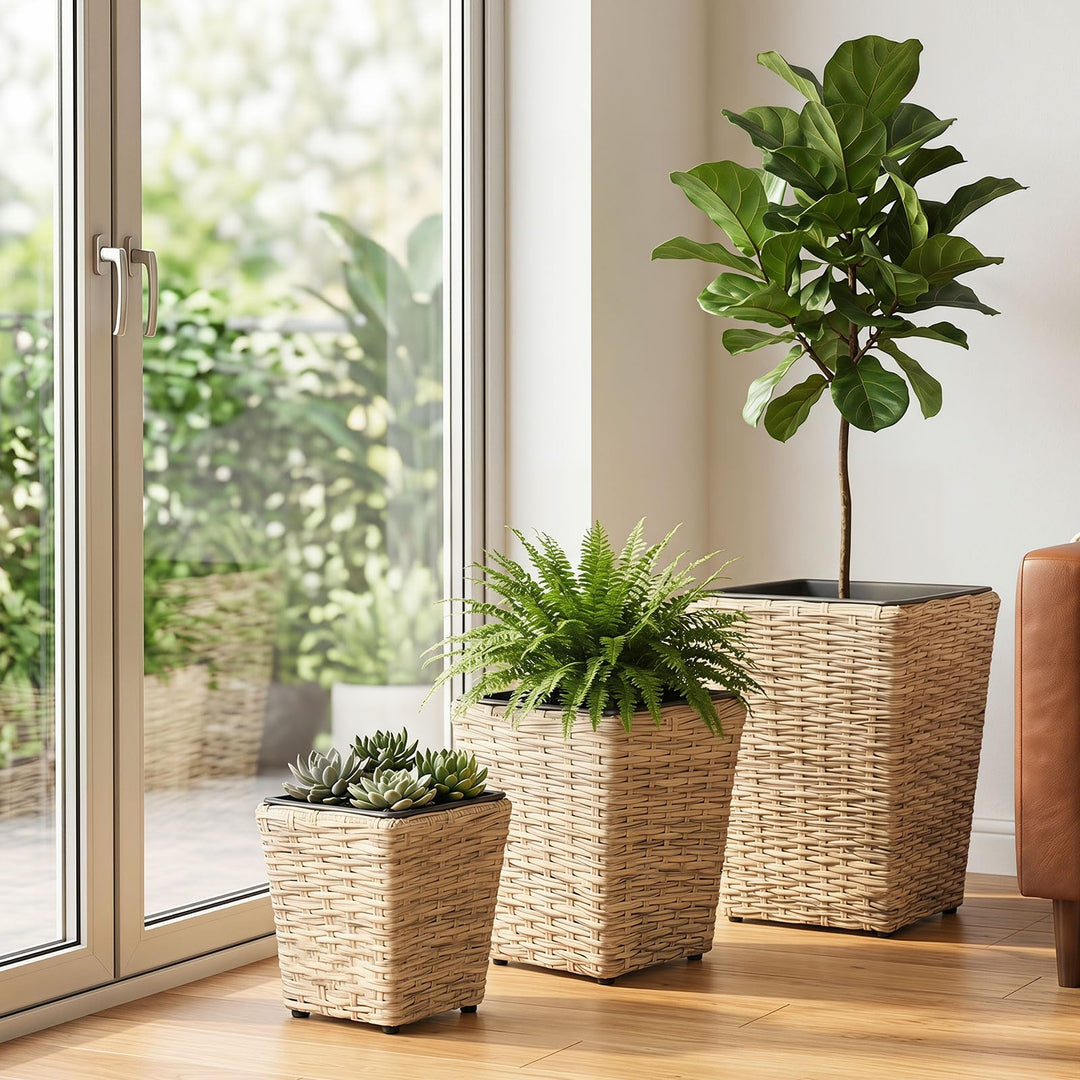 Giantex 3-Piece Rattan Planter Box Kit with Removable Plastic Liners