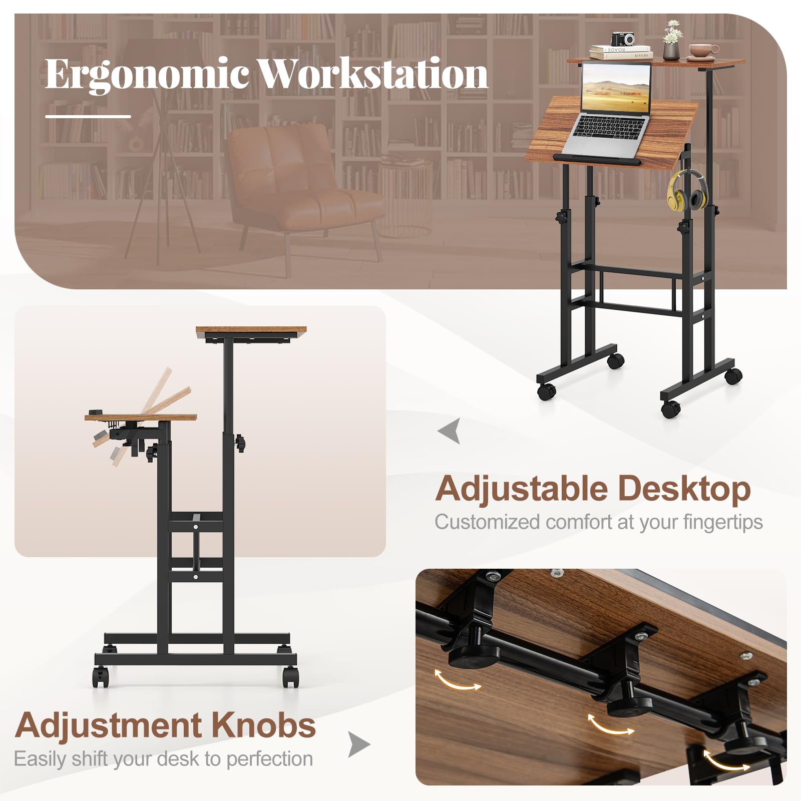 Giantex Mobile Stand up Desk, Height Adjustable, 24"D x 22"W x 49"H