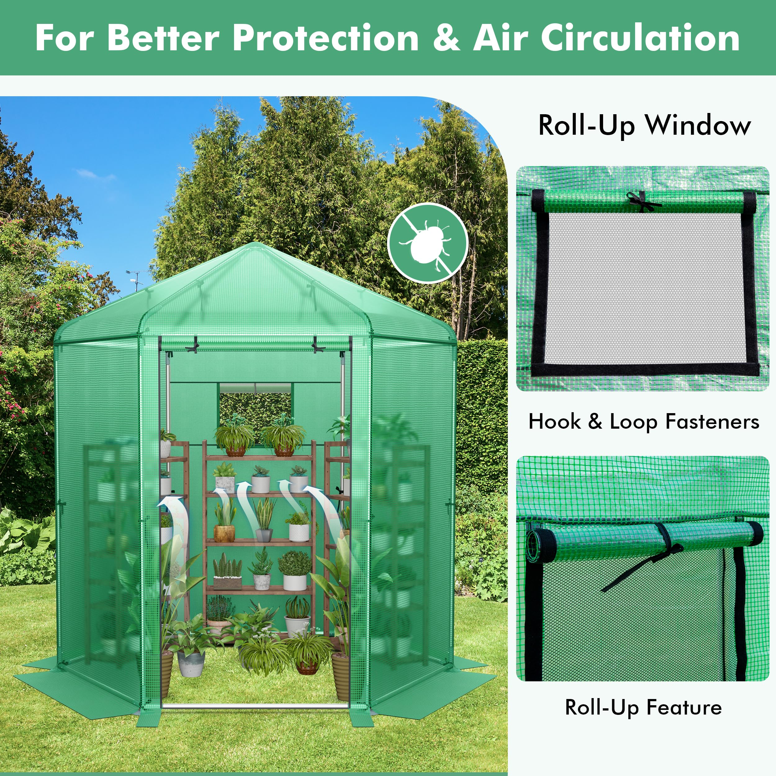 Giantex 7 x 6 x 7.5 FT Greenhouse, Large Hexagonal Walk in Greenhouse Outdoor with Heavy-Duty Metal Frame