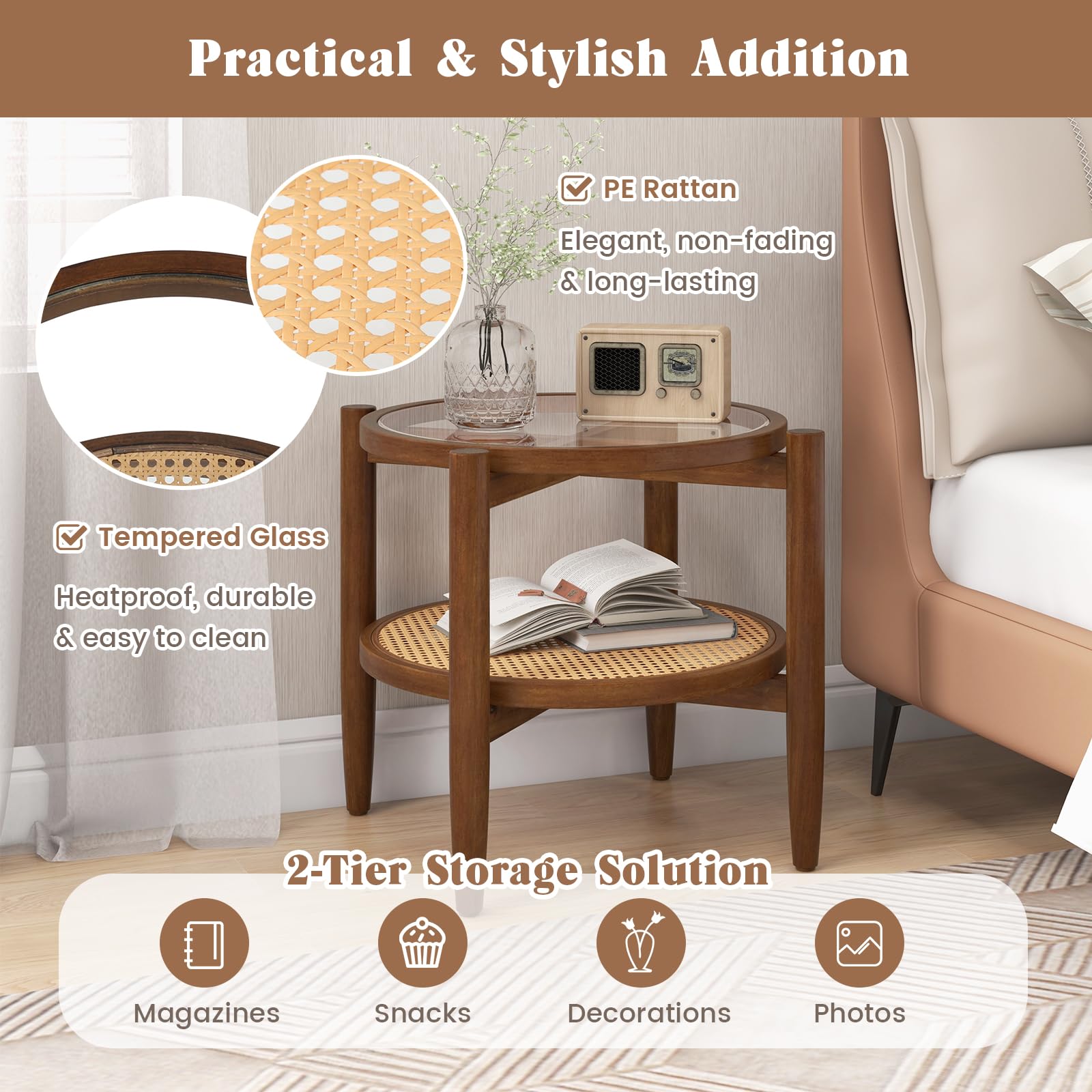 Rattan Round End Table - Giantex