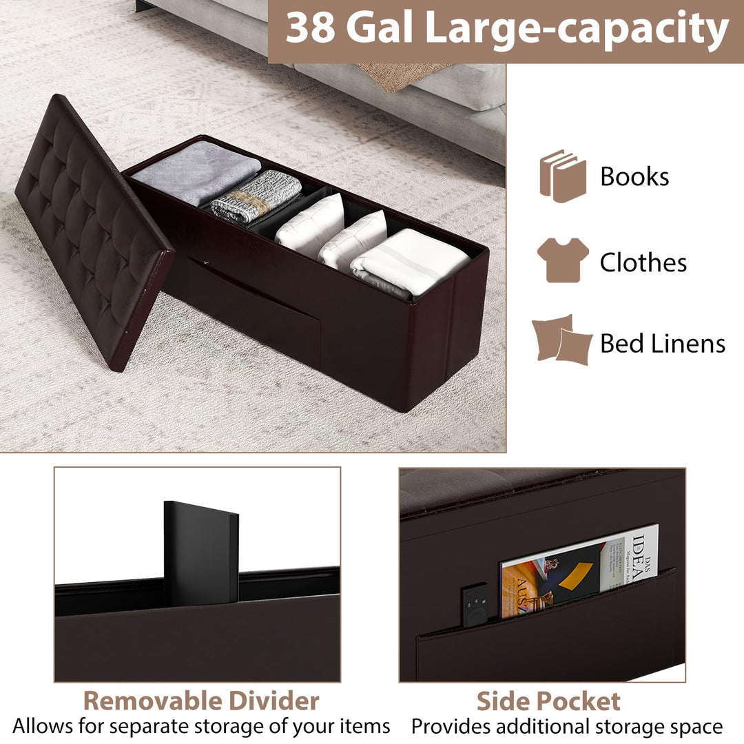 Giantex 43 Inches Folding Storage Ottoman Bench Upholstered PU Leather Storage Chest with Side Pocket