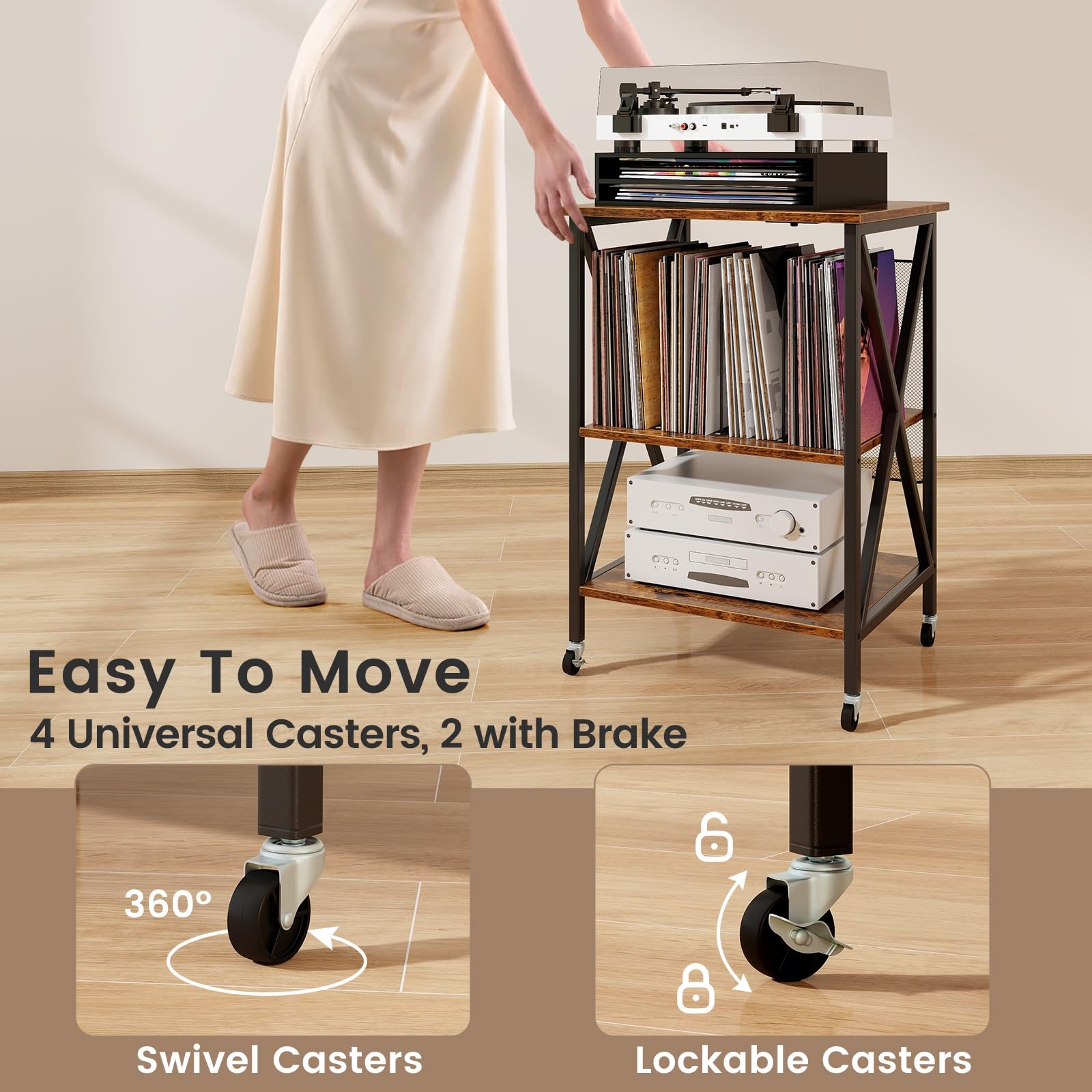 Giantex Record Player Stand with Charging Station, Turntable Stand with Record Storage & 4 Rolling Wheels