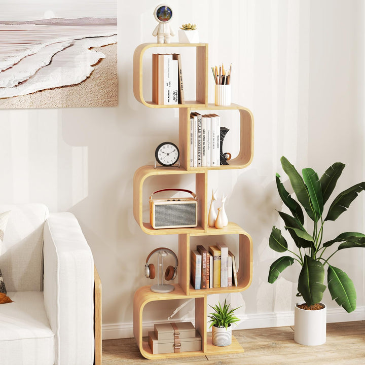 Giantex 5-Tier S-Shaped Bookcase Bamboo Bookshelf with Open Cubes