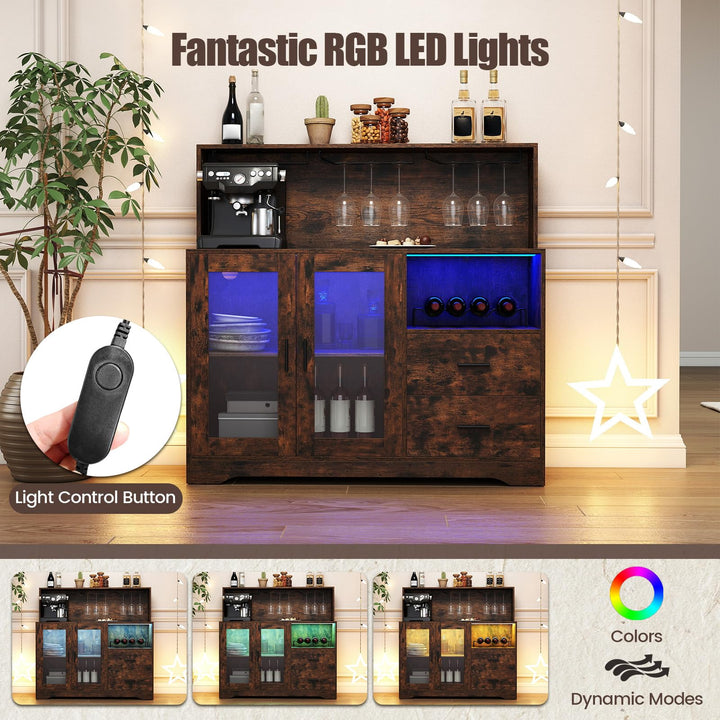 GIANTEX Wine Bar Cabinet with LED Lights &amp; Charging Station