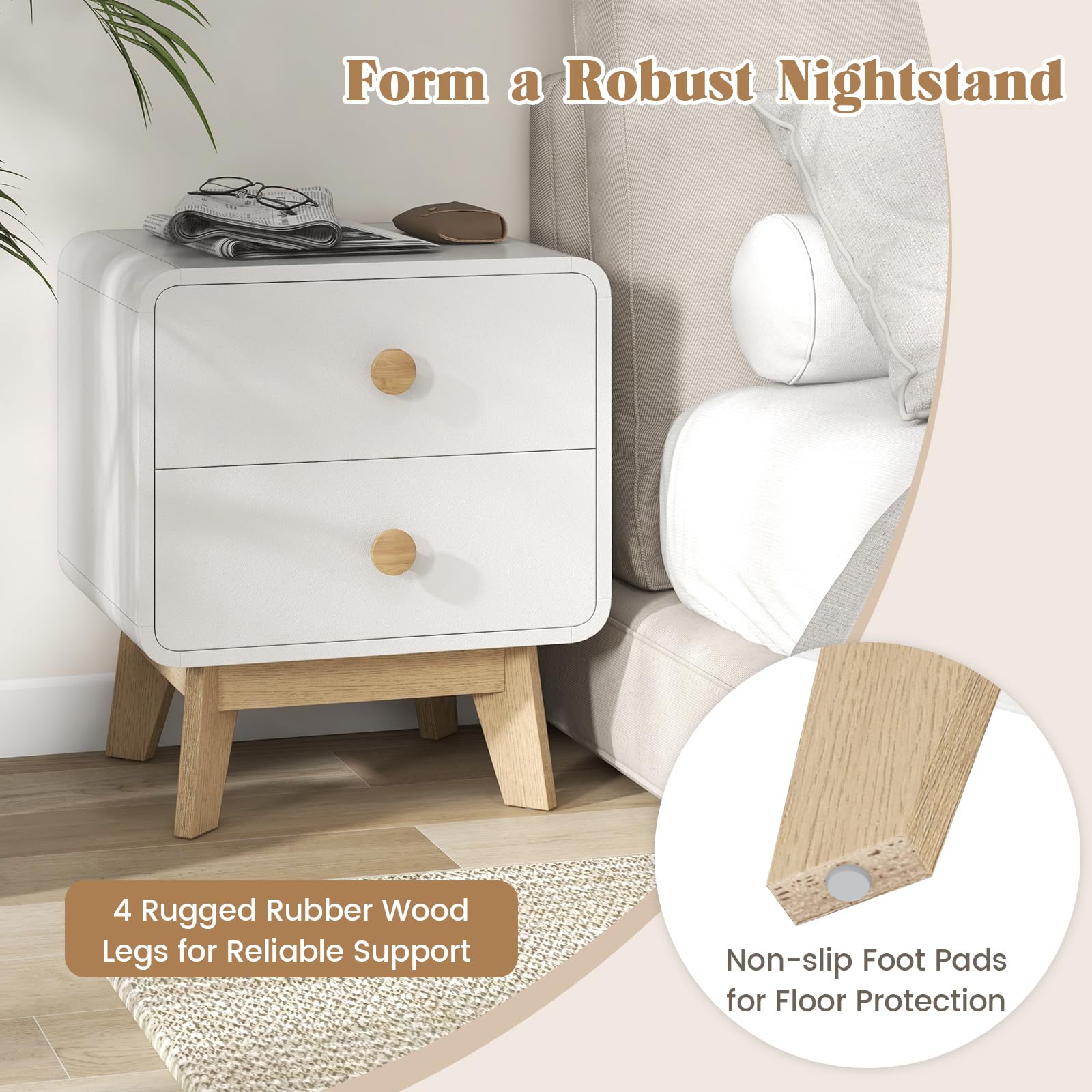 Giantex Night Stand with 2 Drawers, Mid Century Modern Bedside Table with Cute Round Knobs