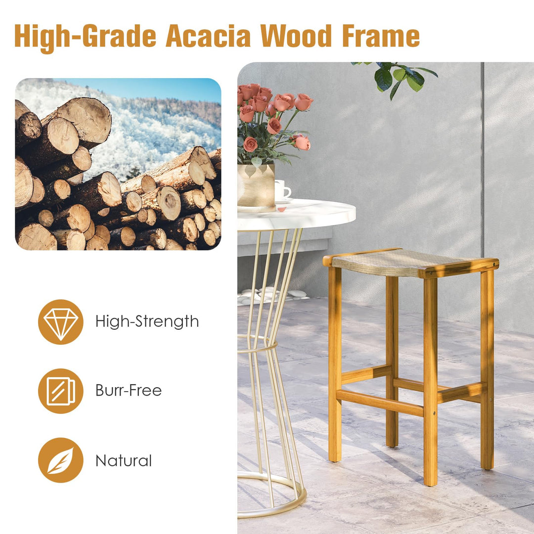 Giantex Patio Wood Bar Stools Set of 2, Acacia Wood Bar Stools w/Rattan Woven Seat