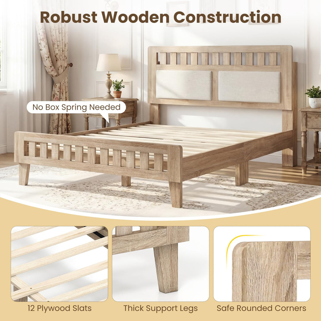 Giantex Mid-Century Wood Bed Frame with Upholstered Headboard (Full/Twin)