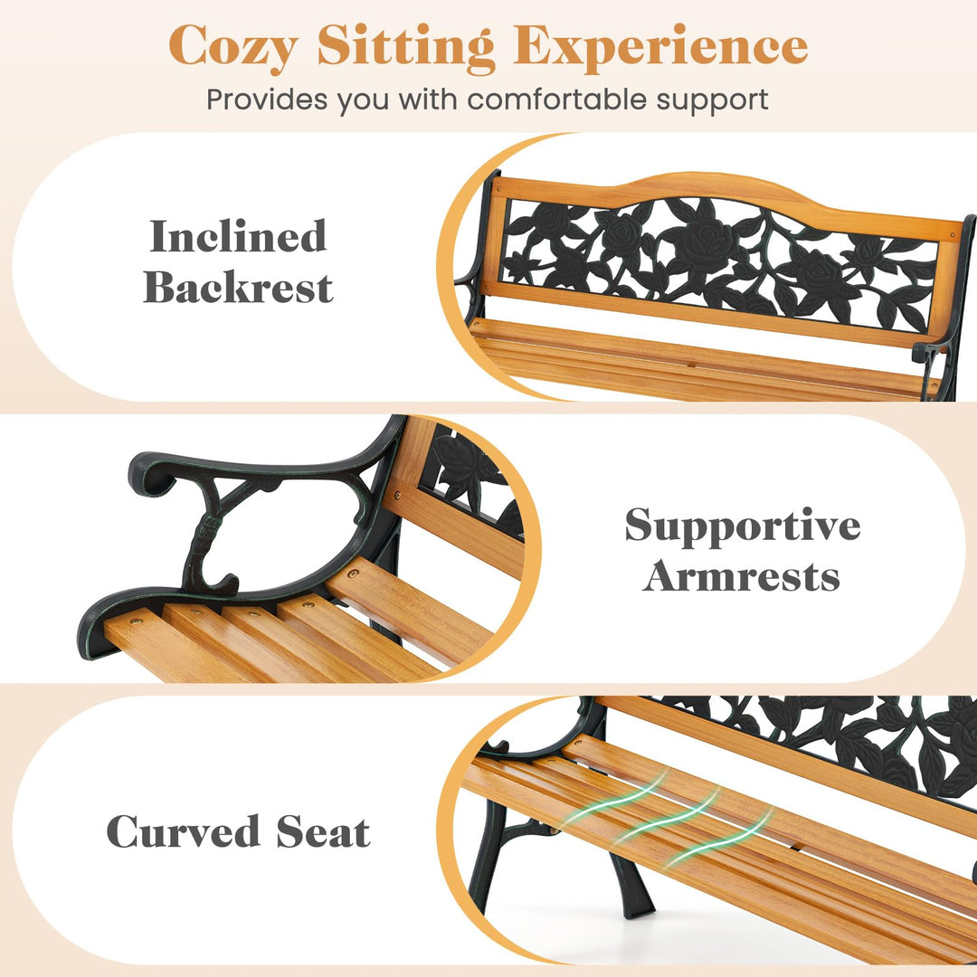 Giantex Outdoor Bench, Garden Bench with Slatted Seat, Curved Armrests, Flower Pattern Backrest, 470 Lbs Capacity