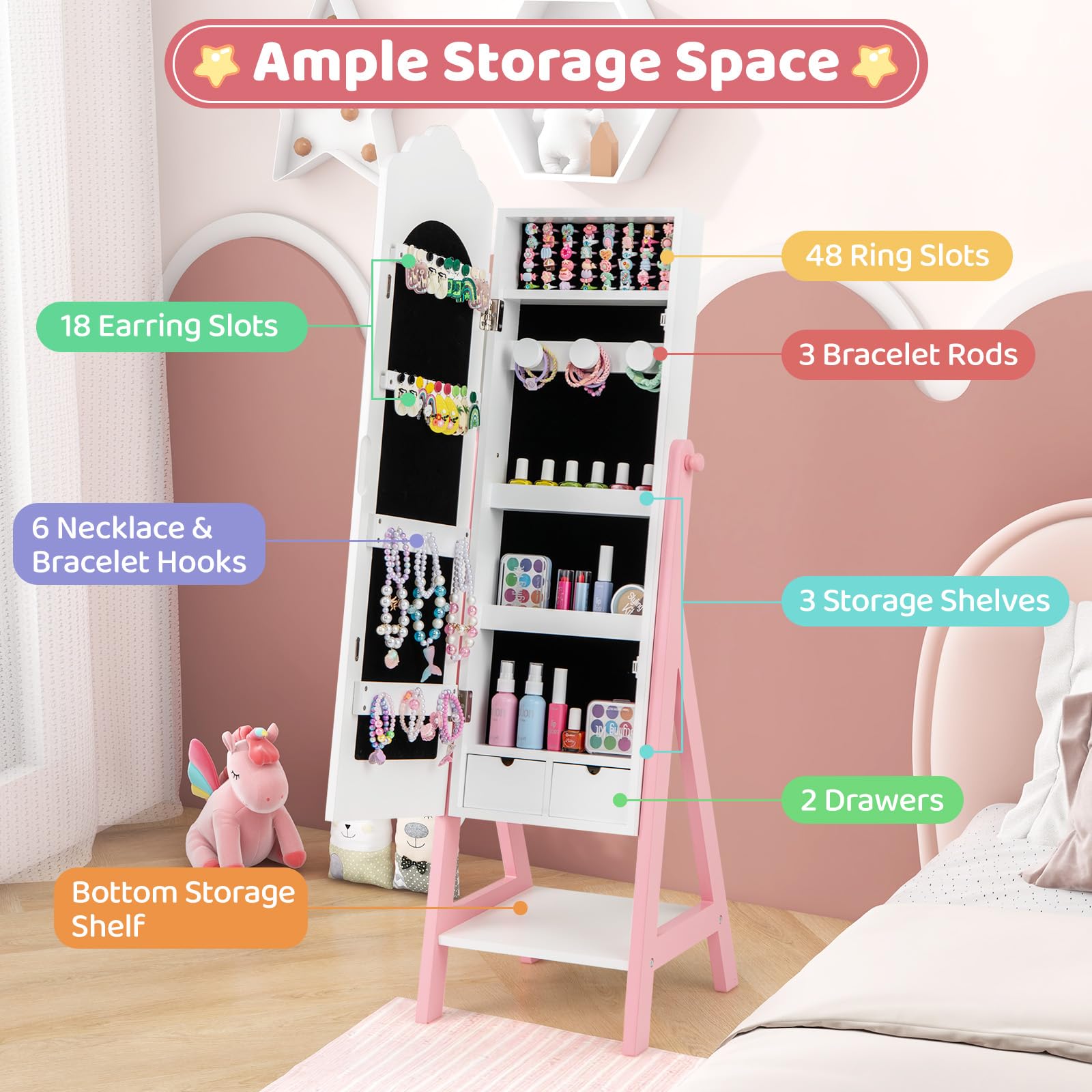 CHARMAID Kids Jewelry Organizer with Full Length Mirror