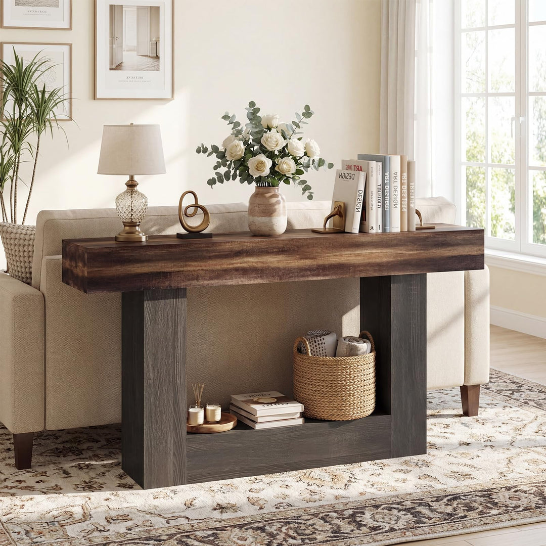 Giantex 63" Farmhouse Console Table | 2-Tier Narrow Entryway Table with Storage Shelf