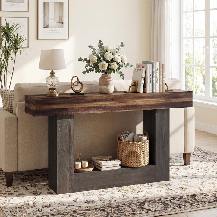 Giantex 63" Farmhouse Console Table | 2-Tier Narrow Entryway Table with Storage Shelf