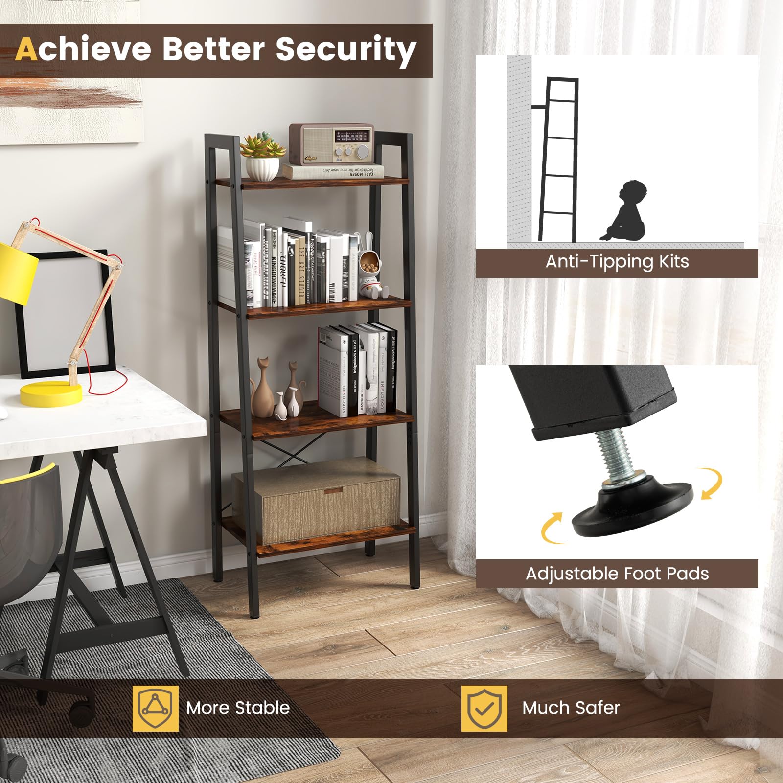 Giantex Industrial 4-Tier Bookshelf, Ladder Bookshelf with Metal Frame, Anti-Tipping Kits
