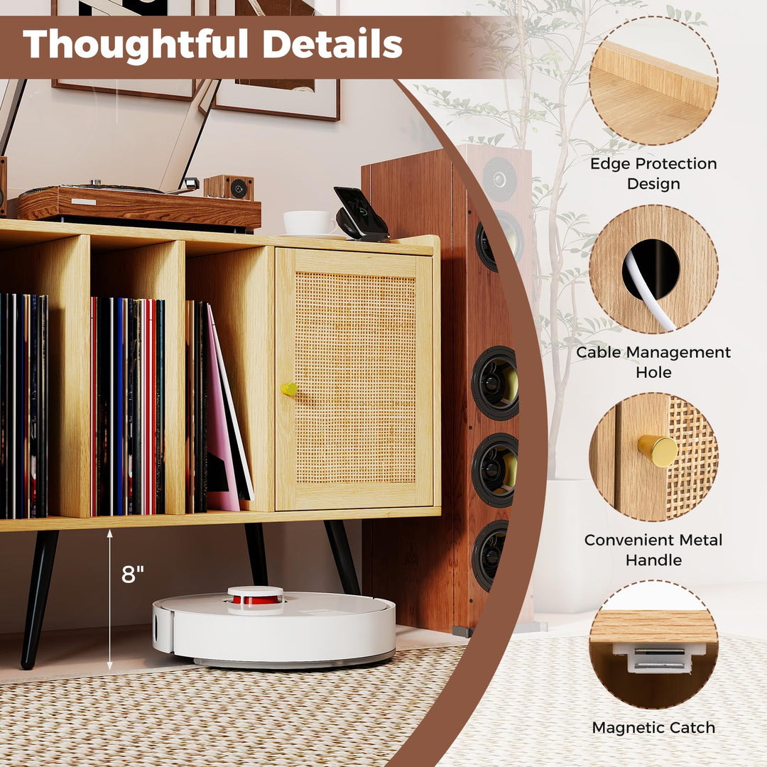 Giantex Record Player Stand w/ Charging Station w/ Rattan Cabinet (Natural)