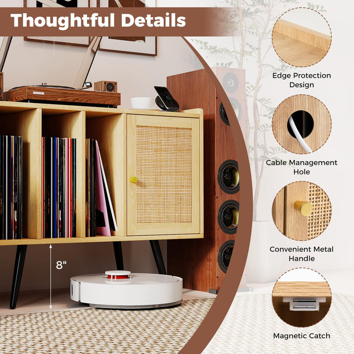 Giantex Record Player Stand w/ Charging Station w/ Rattan Cabinet (Natural)