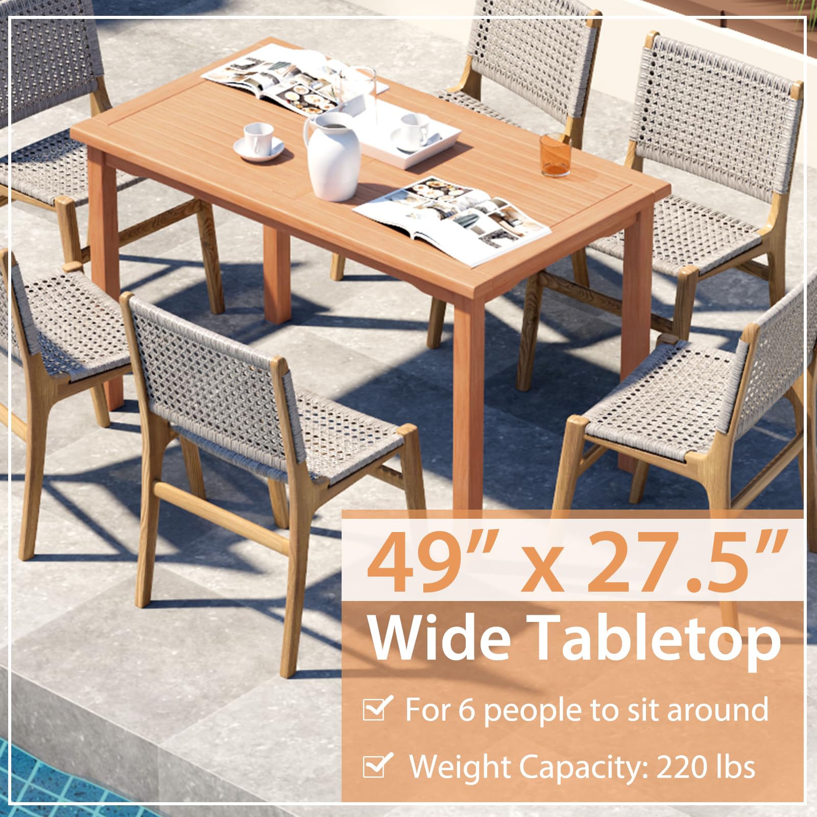 Giantex Patio Rectangle Dining Table, 49” x 27.5” Teak Wood Outdoor Table with Spacious Slatted Tabletop for 6 Person