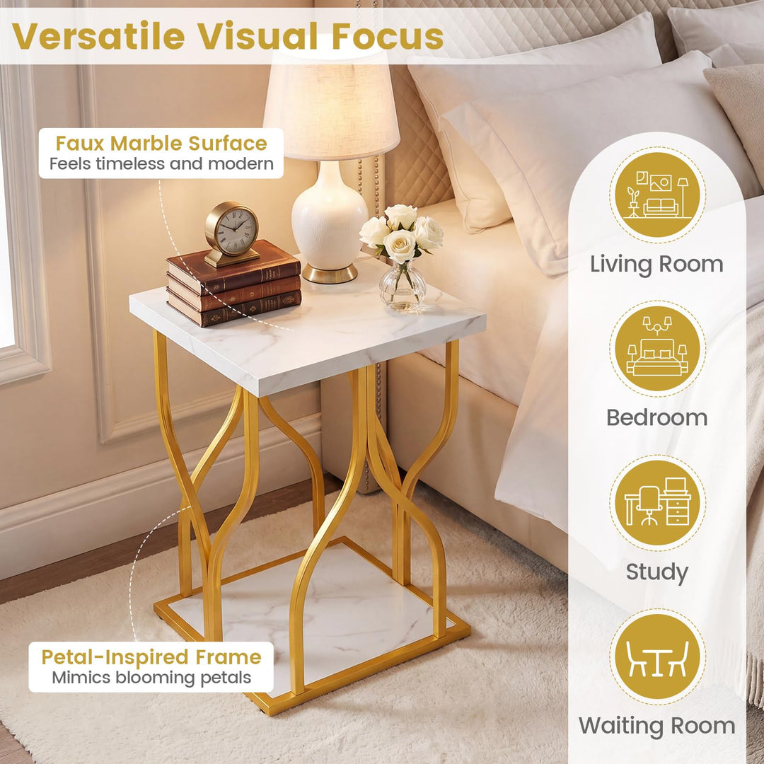 Giantex 2-Tier End Table with Storage Shelf &amp; Gold Petal-Inspired Geometric Metal Frame