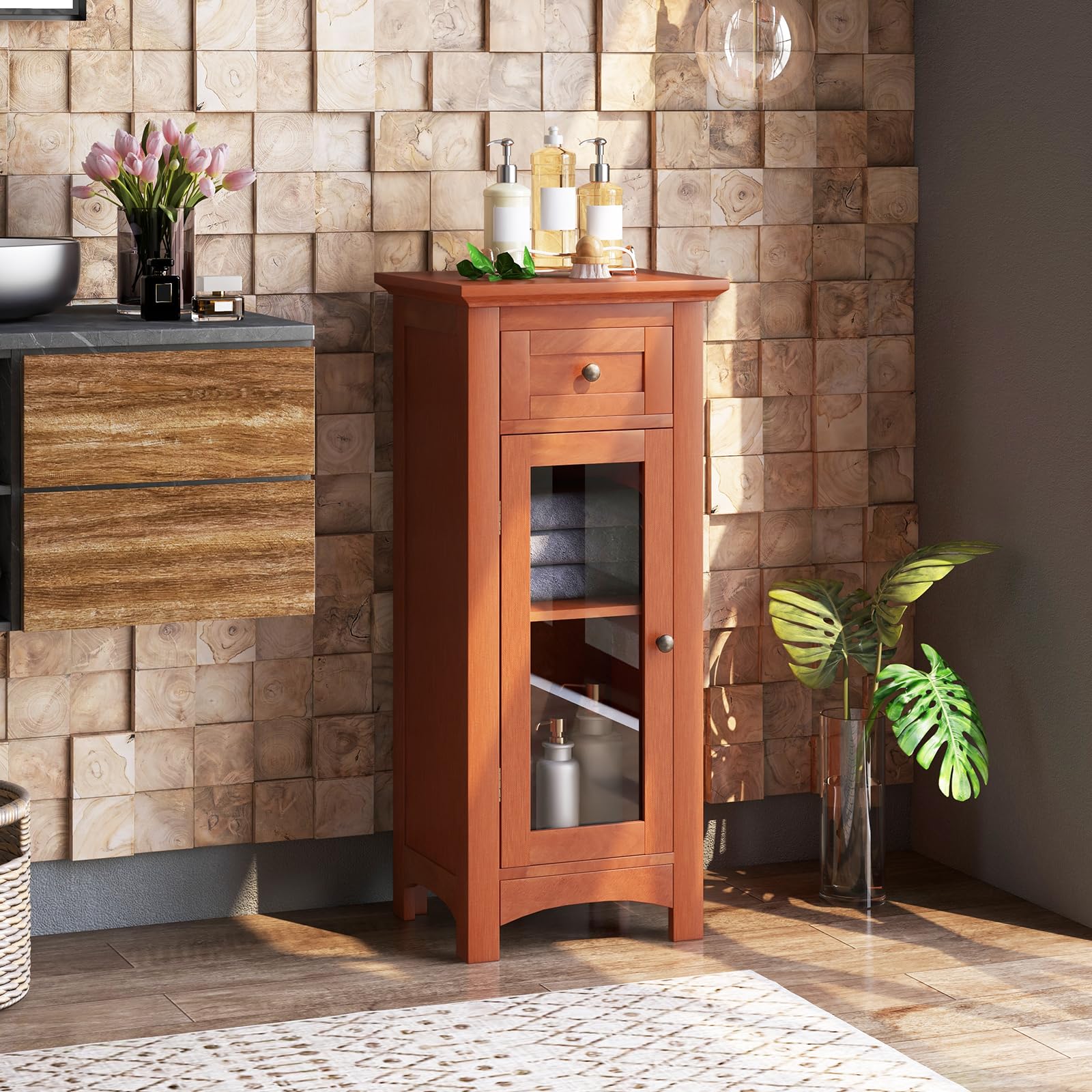 Giantex Small Bathroom Storage Cabinet, Freestanding Narrow Bathroom Cabinet with Single Glass Door, Drawer