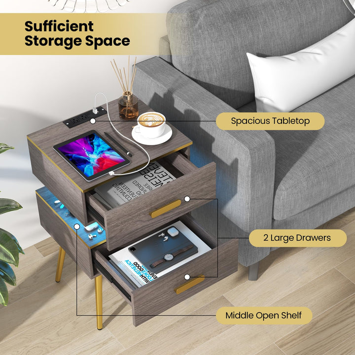 Giantex Nightstand with Charging Station & LED Lights, 28.5" Bedside Table with 2 Drawers