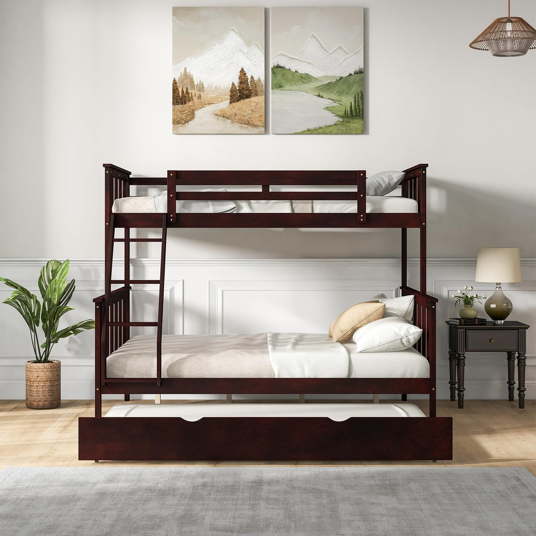 Giantex Twin Over Full Bunk Bed with Trundle, Reversible Ladder & Safety Guardrails