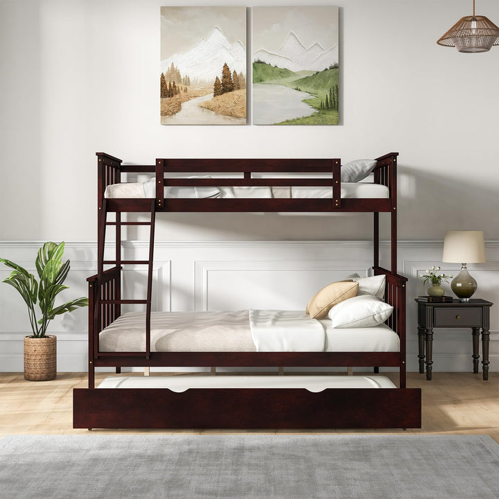 Giantex Twin Over Full Bunk Bed with Trundle, Reversible Ladder & Safety Guardrails