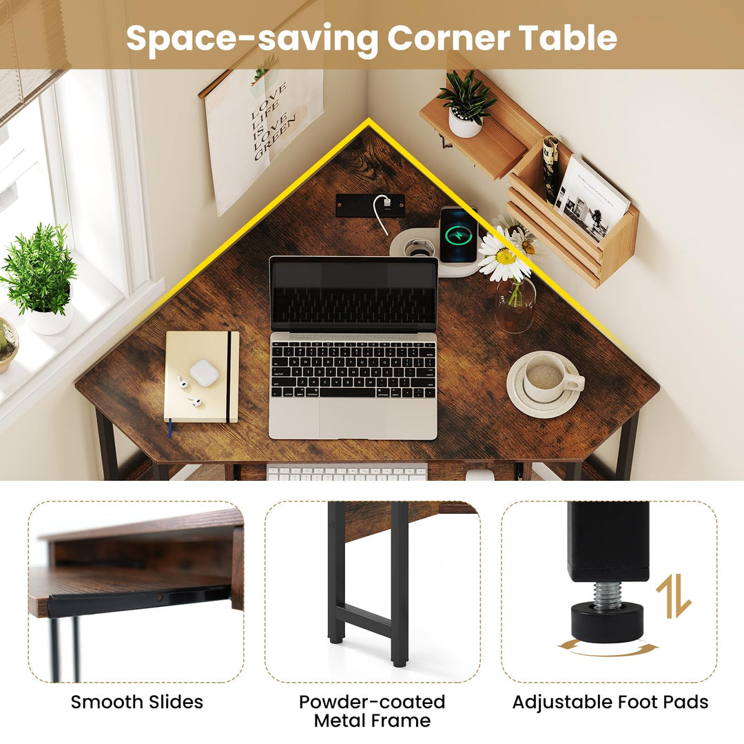 Giantex Small Corner Desk with Charging Station with Keyboard Tray & Storage Shelf